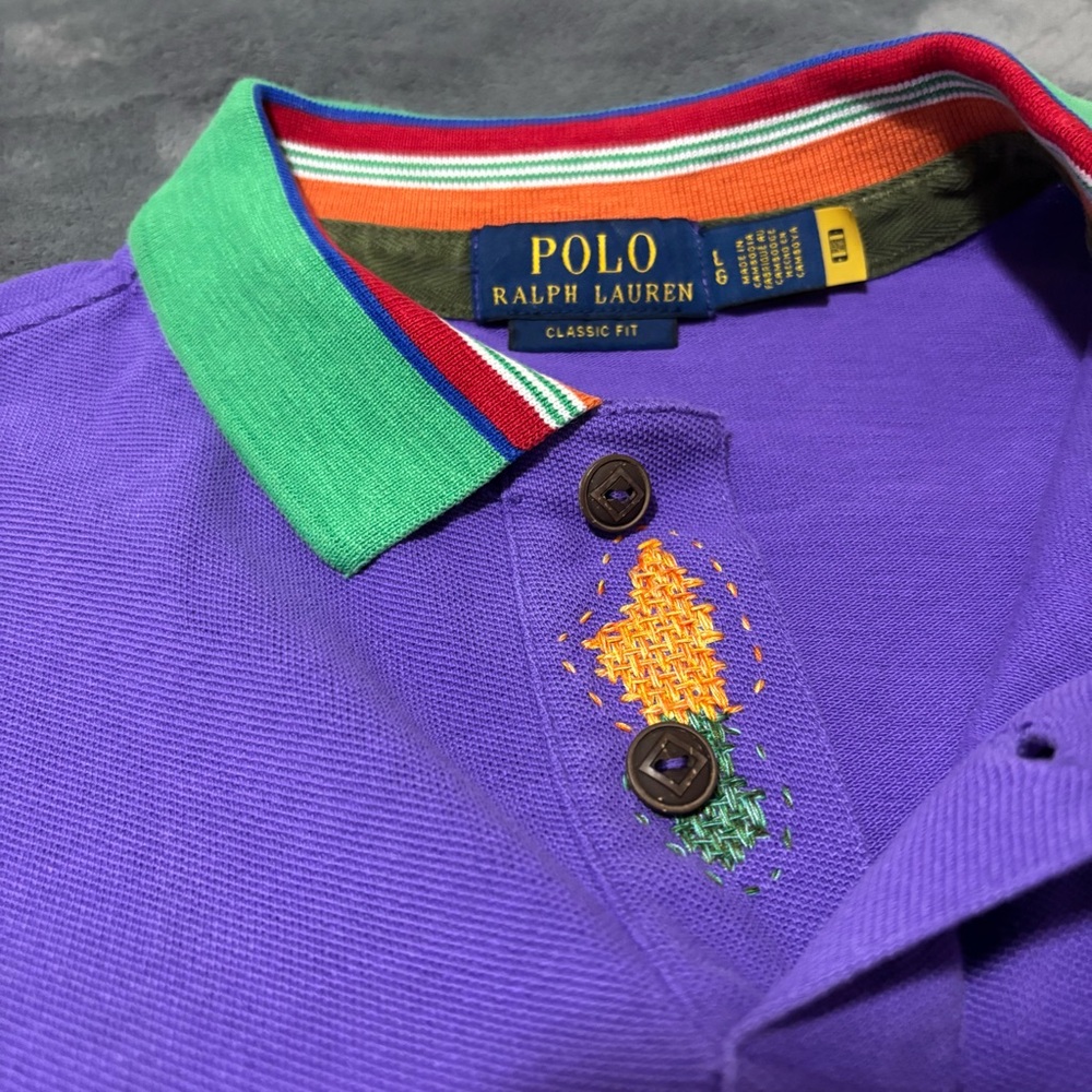 Polo Ralph Lauren Purple Lizard Shirt Green Collar Mens Large - Picture 2 of 7